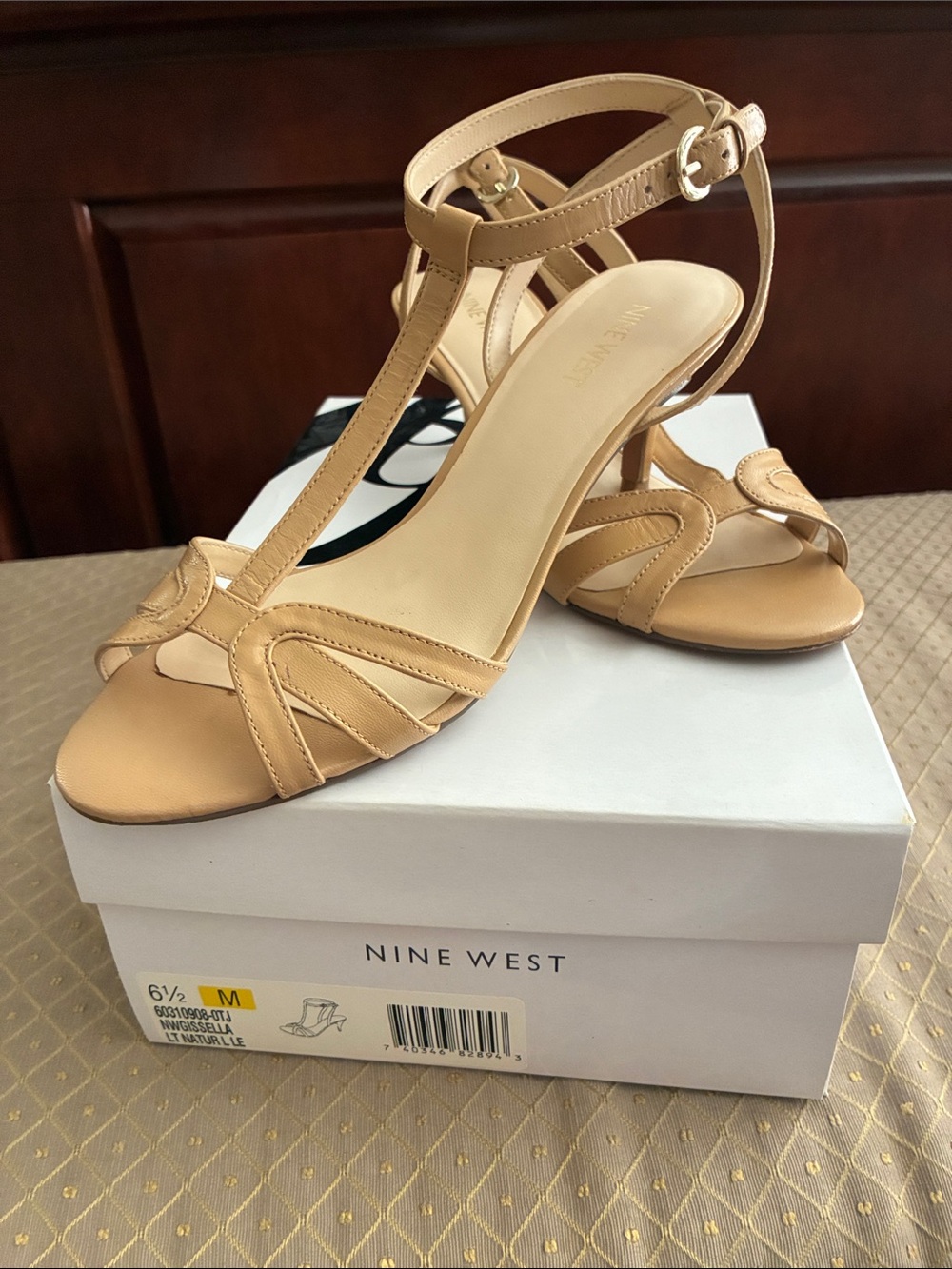 Nine West Nude/Tan T-Strap Heeled Sandals